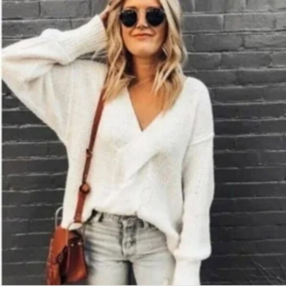 Free People Coco V-neck Braided White Textured Knit Sweater